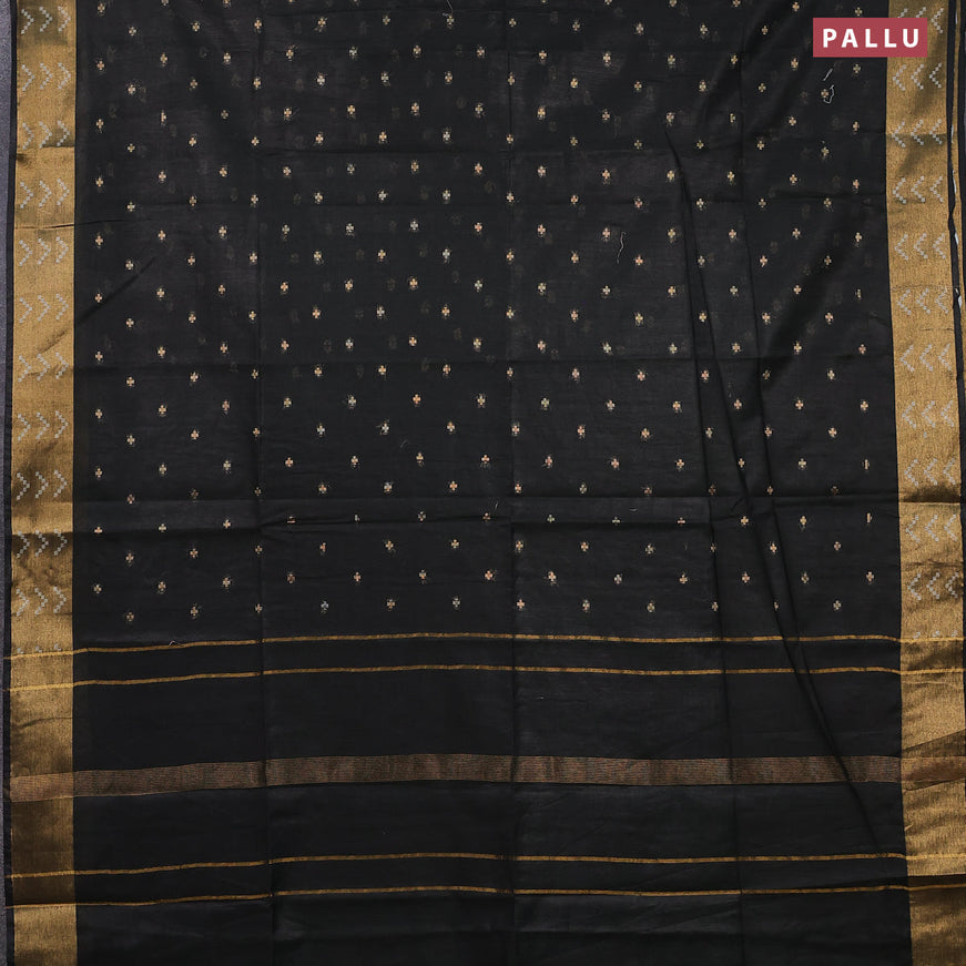 Semi tussar saree black and blue with allover zari woven geometric buttas and zari woven border & kalamkari printed blouse