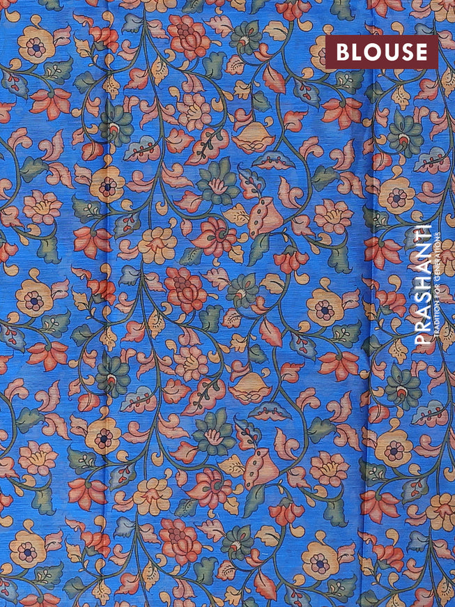 Semi tussar saree black and blue with allover zari woven geometric buttas and zari woven border & kalamkari printed blouse