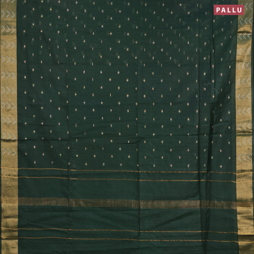 Semi tussar saree dark green and blue with allover zari woven geometric buttas and zari woven border & kalamkari printed blouse