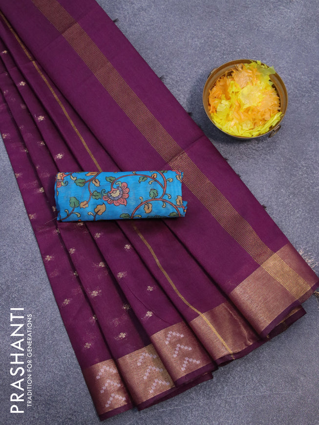 Semi tussar saree purple and light blue with allover zari woven geometric buttas and zari woven border & kalamkari printed blouse