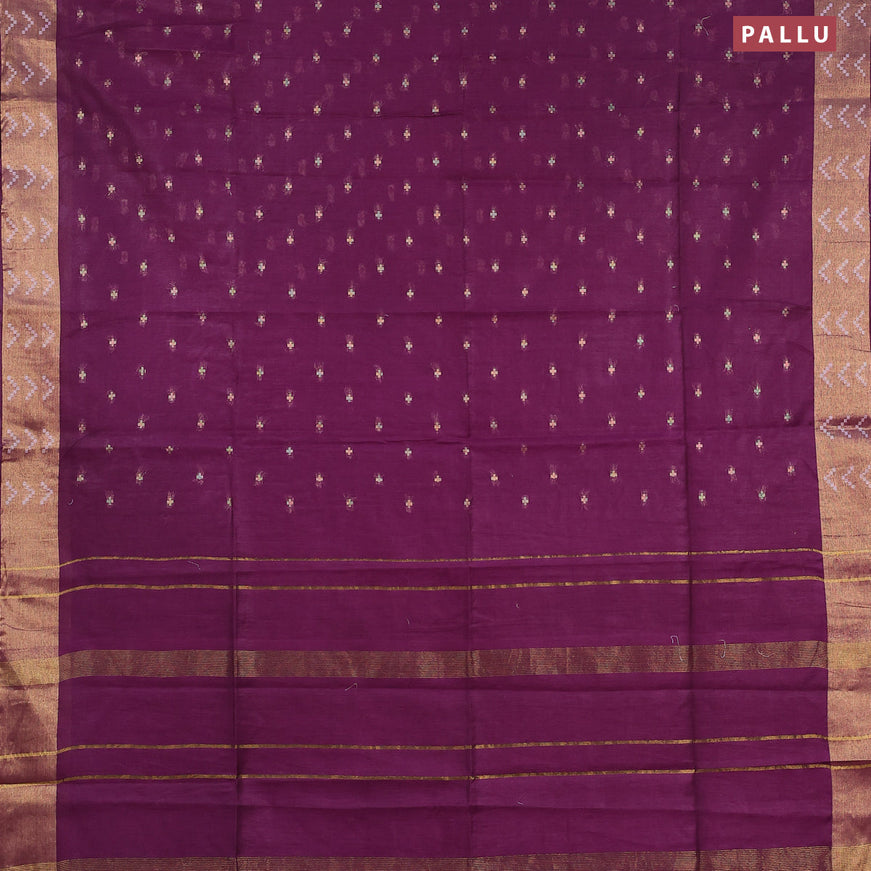 Semi tussar saree purple and light blue with allover zari woven geometric buttas and zari woven border & kalamkari printed blouse