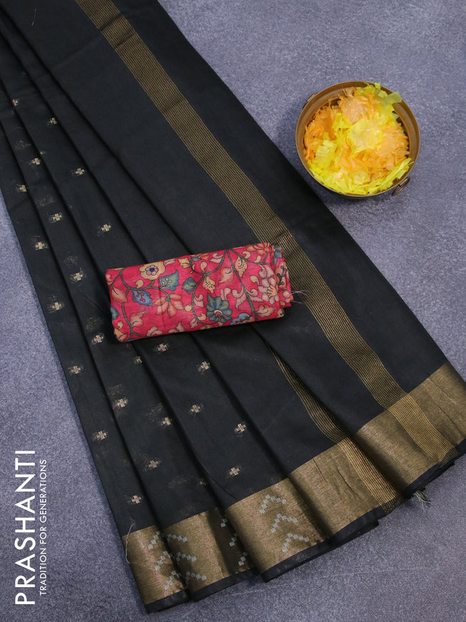 Semi tussar saree black and pink shade with allover zari woven geometric buttas and zari woven border & kalamkari printed blouse