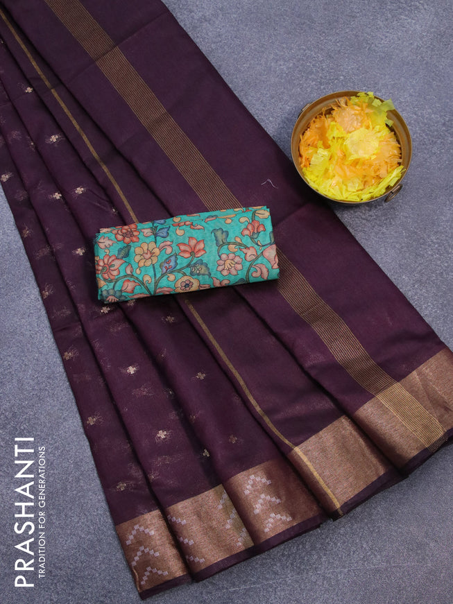 Semi tussar saree wine shade and teal green with allover zari woven geometric buttas and zari woven border & kalamkari printed blouse