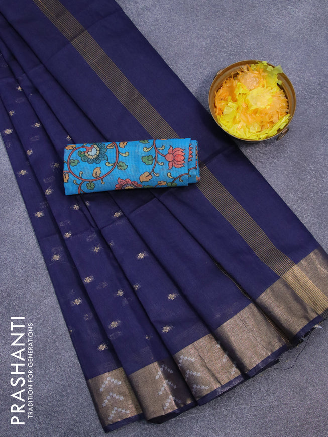Semi tussar saree navy blue and cs blue with allover zari woven geometric buttas and zari woven border & kalamkari printed blouse