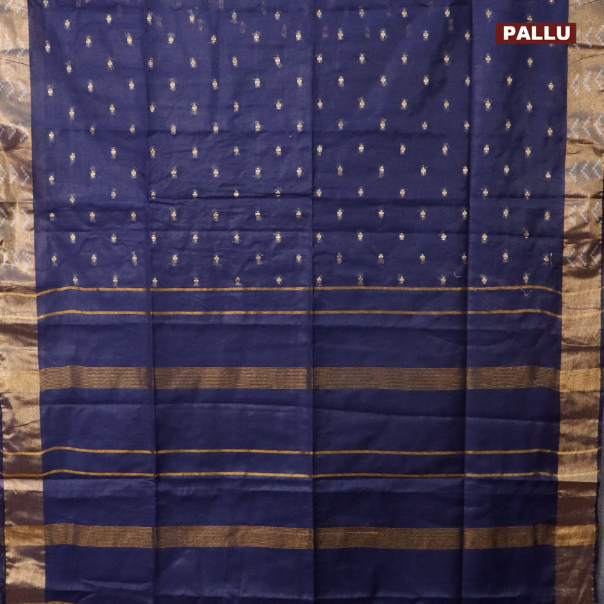 Semi tussar saree navy blue and cs blue with allover zari woven geometric buttas and zari woven border & kalamkari printed blouse