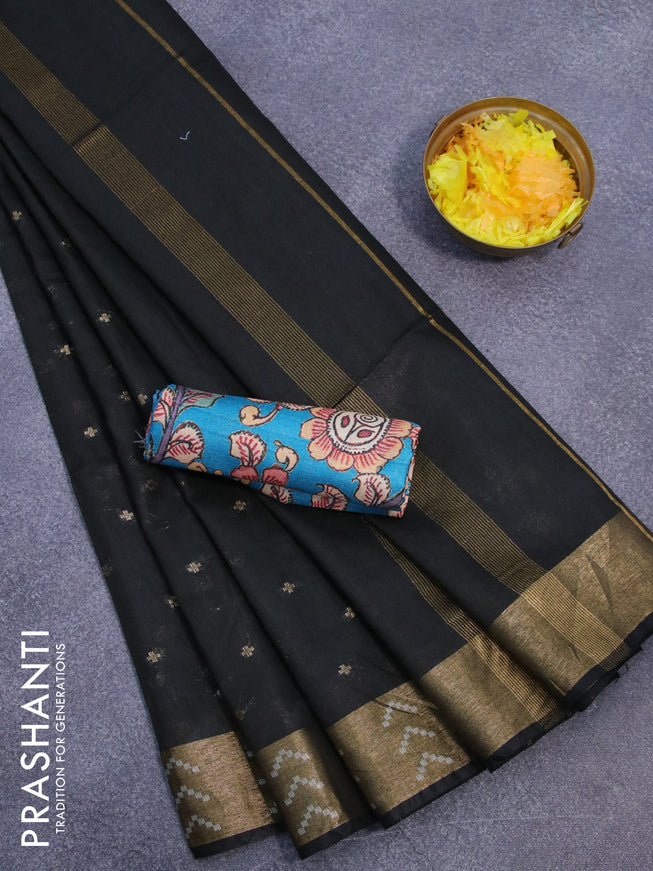 Semi tussar saree black and cs blue with allover zari woven geometric buttas and zari woven border & kalamkari printed blouse