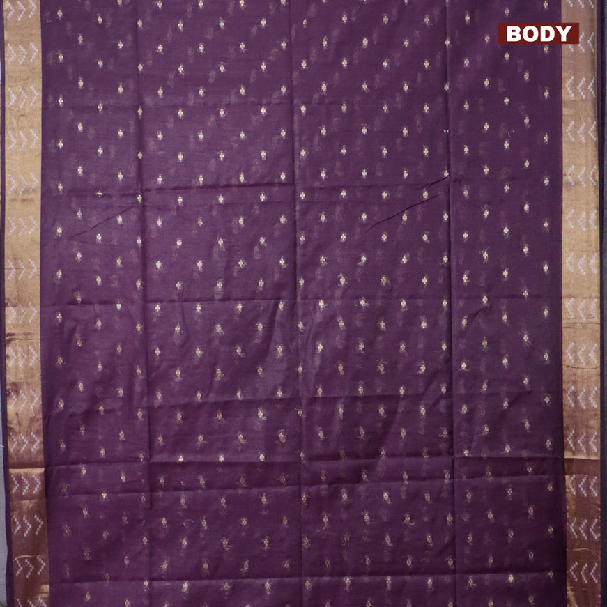 Semi tussar saree wine shade and blue with allover zari woven geometric buttas and zari woven border & kalamkari printed blouse
