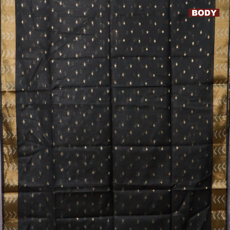 Semi tussar saree black and cs blue with allover zari woven geometric buttas and zari woven border & kalamkari printed blouse