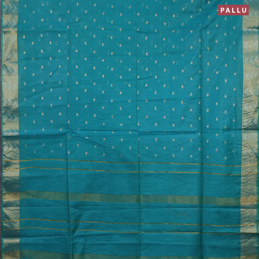 Semi tussar saree teal green and red with allover zari woven geometric buttas and zari woven border & kalamkari printed blouse