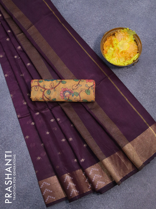 Semi tussar saree wine shade and mustard yellow with allover zari woven geometric buttas and zari woven border & kalamkari printed blouse