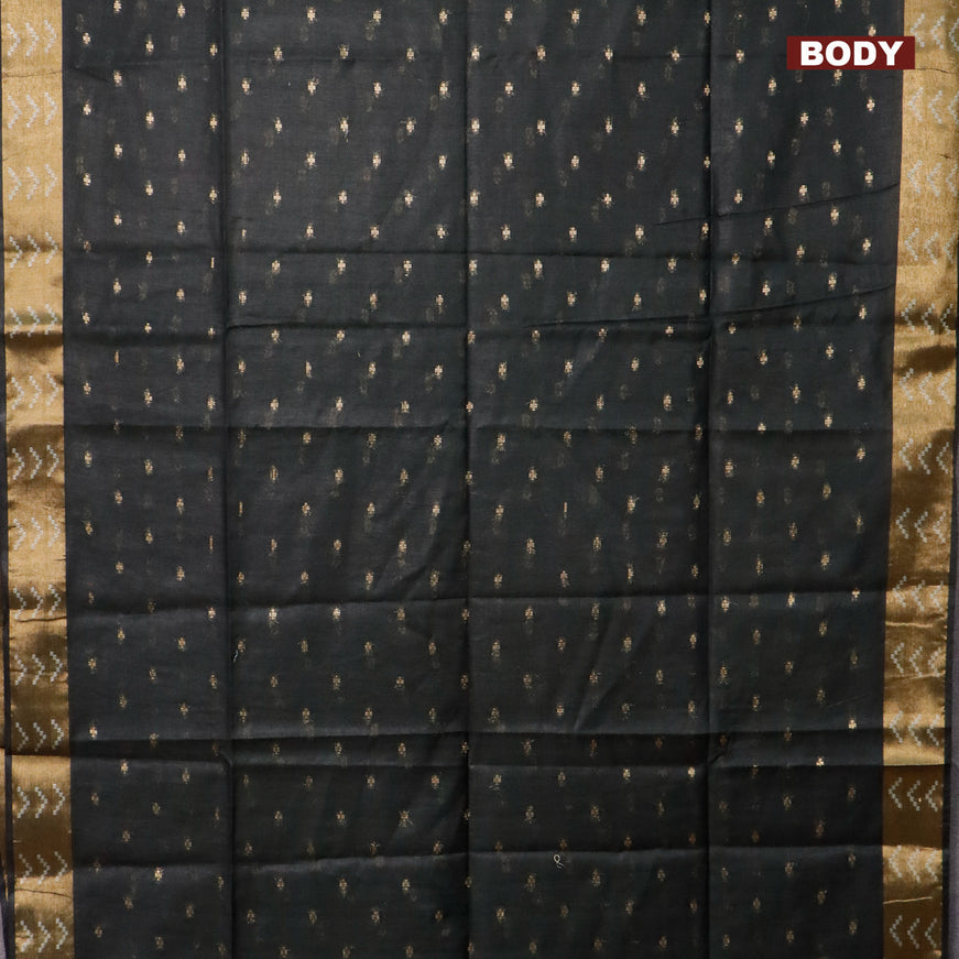 Semi tussar saree black and dark green with allover zari woven geometric buttas and zari woven border & kalamkari printed blouse