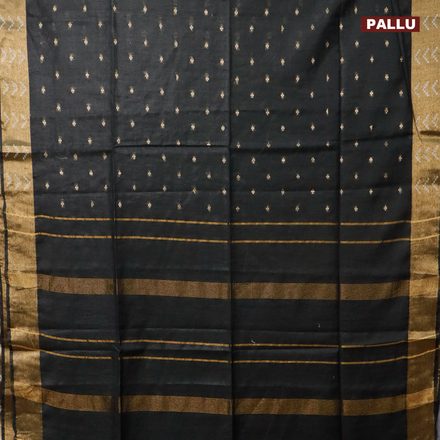 Semi tussar saree black and dark green with allover zari woven geometric buttas and zari woven border & kalamkari printed blouse