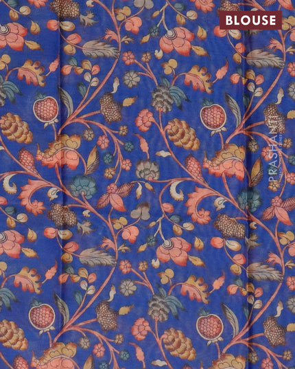 Semi tussar saree green and blue with allover zari woven geometric buttas and zari woven border & kalamkari printed blouse