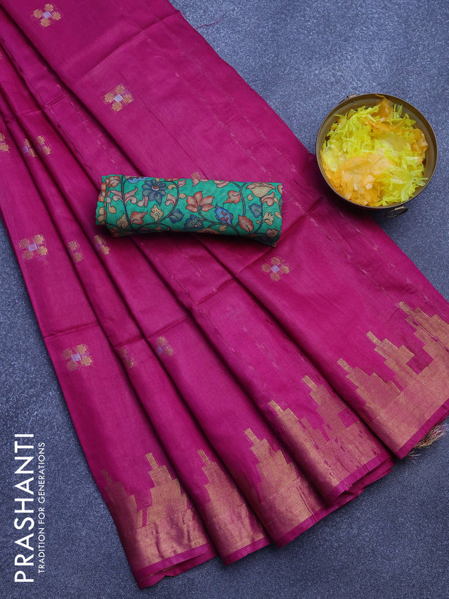 Semi tussar saree purple and green with silver & zari woven buttas and temple design zari woven border & kalamkari printed blouse