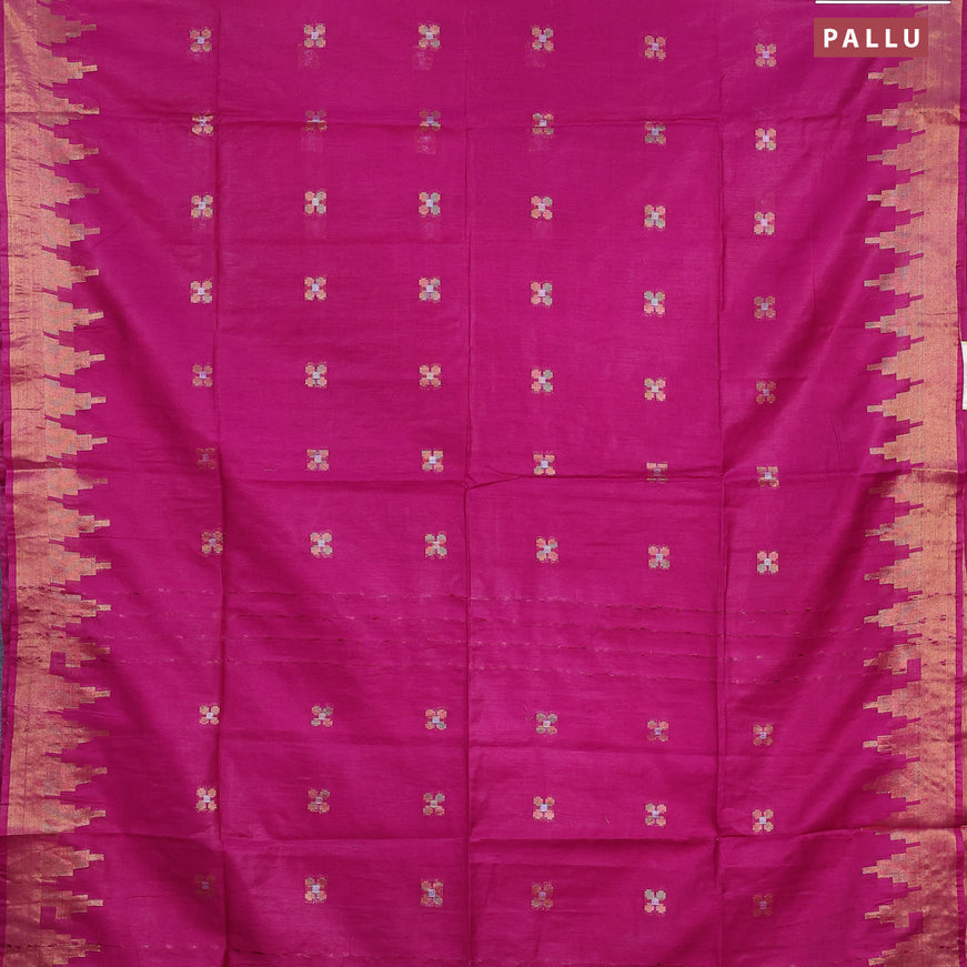 Semi tussar saree purple and green with silver & zari woven buttas and temple design zari woven border & kalamkari printed blouse