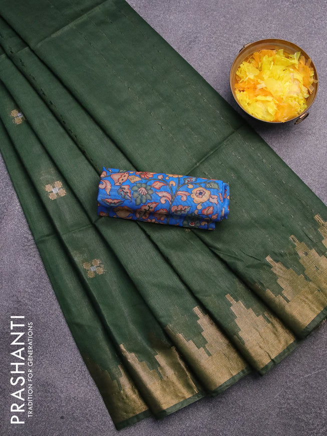 Semi tussar saree green and blue with silver & zari woven buttas and temple design zari woven border & kalamkari printed blouse