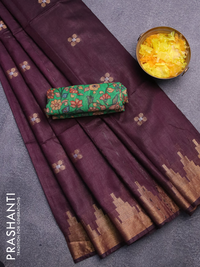 Semi tussar saree wine shade and green with silver & zari woven buttas and temple design zari woven border & kalamkari printed blouse