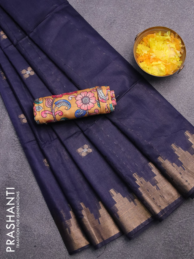 Semi tussar saree navy blue and mustard yellow with silver & zari woven buttas and temple design zari woven border & kalamkari printed blouse