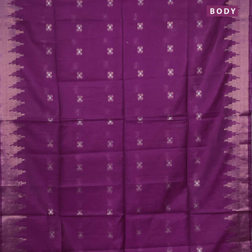 Semi tussar saree dark purple and mustard yellow with silver & zari woven buttas and temple design zari woven border & kalamkari printed blouse