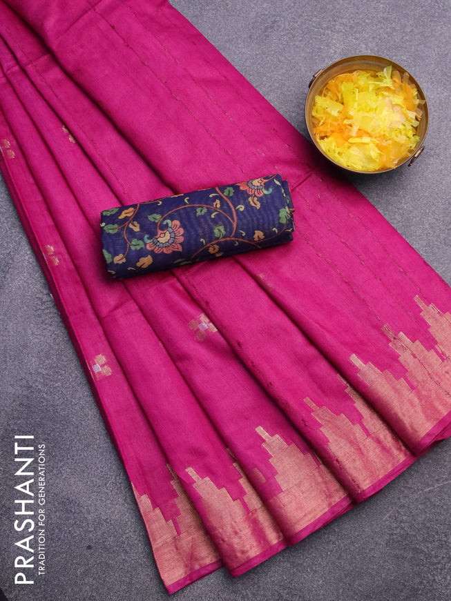 Semi tussar saree magenta pink and navy blue with silver & zari woven buttas and temple design zari woven border & kalamkari printed blouse