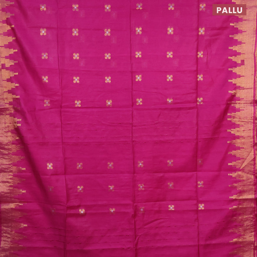 Semi tussar saree magenta pink and navy blue with silver & zari woven buttas and temple design zari woven border & kalamkari printed blouse
