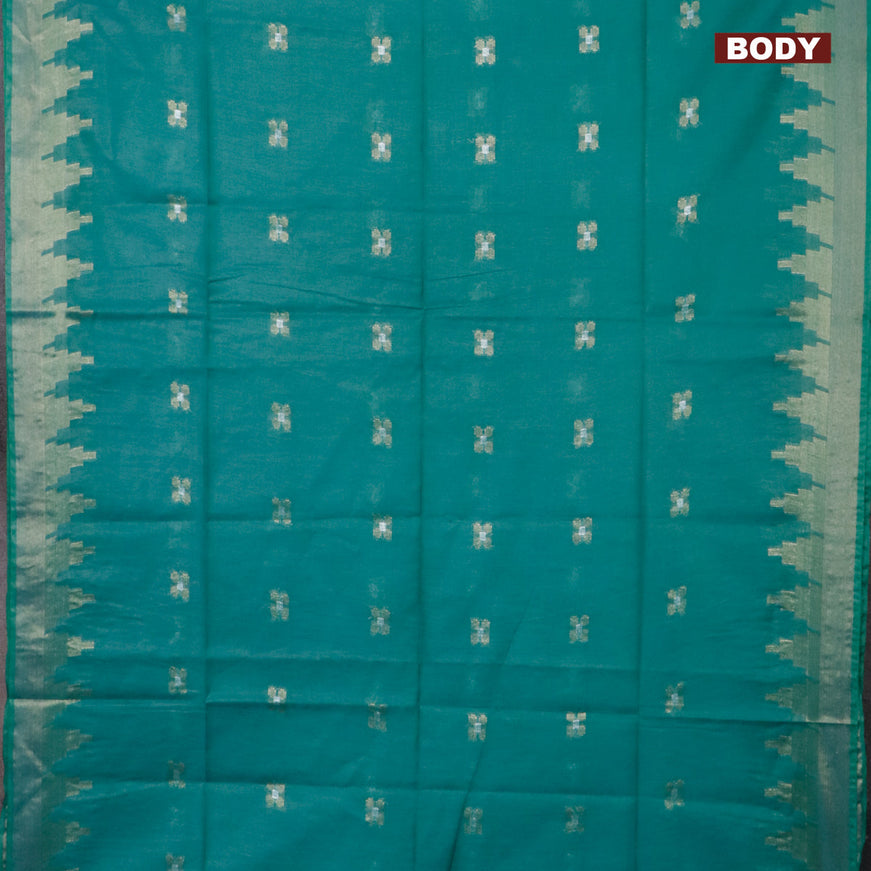 Semi tussar saree teal green and red with silver & zari woven buttas and temple design zari woven border & kalamkari printed blouse