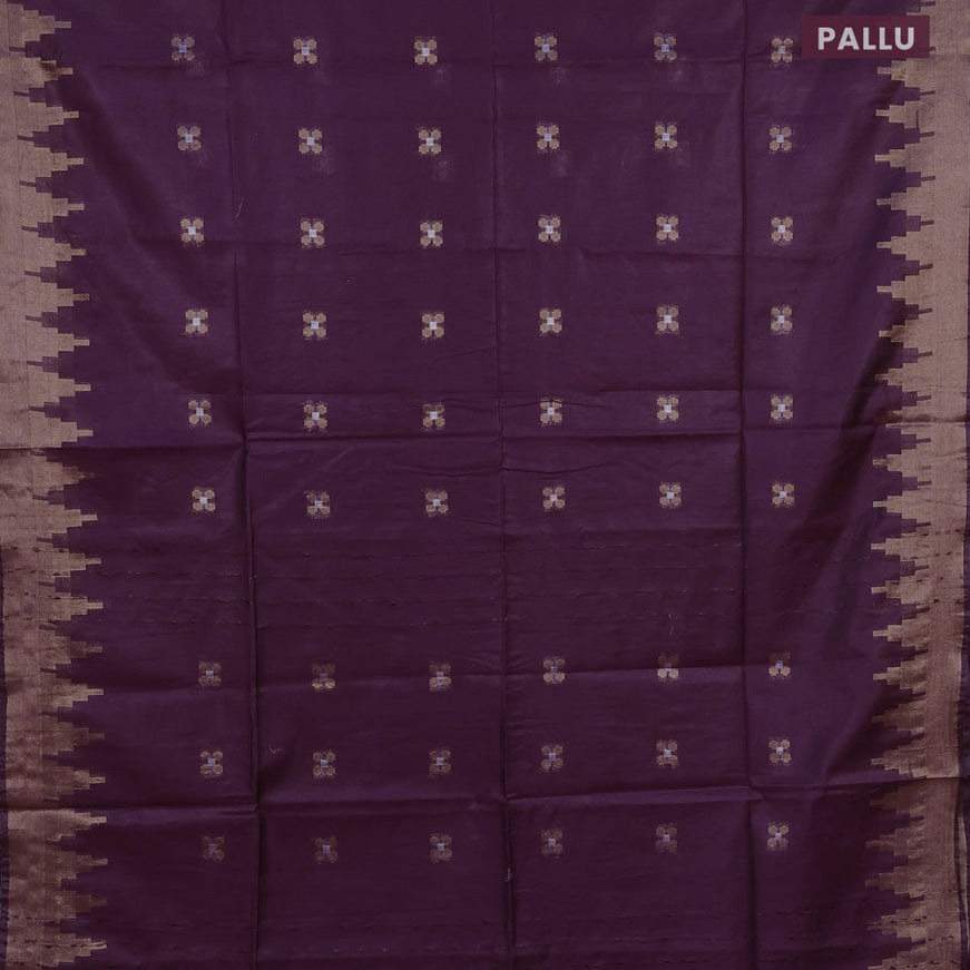 Semi tussar saree wine shade and maroon with silver & zari woven buttas and temple design zari woven border & kalamkari printed blouse