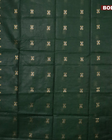 Semi tussar saree dark green and blue with silver & zari woven buttas and temple design zari woven border & kalamkari printed blouse