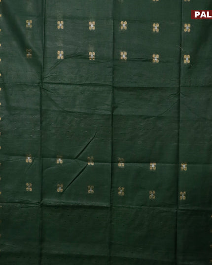 Semi tussar saree dark green and blue with silver & zari woven buttas and temple design zari woven border & kalamkari printed blouse