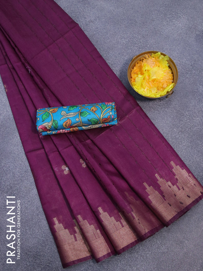 Semi tussar saree purple and teal blue with silver & zari woven buttas and temple design zari woven border & kalamkari printed blouse
