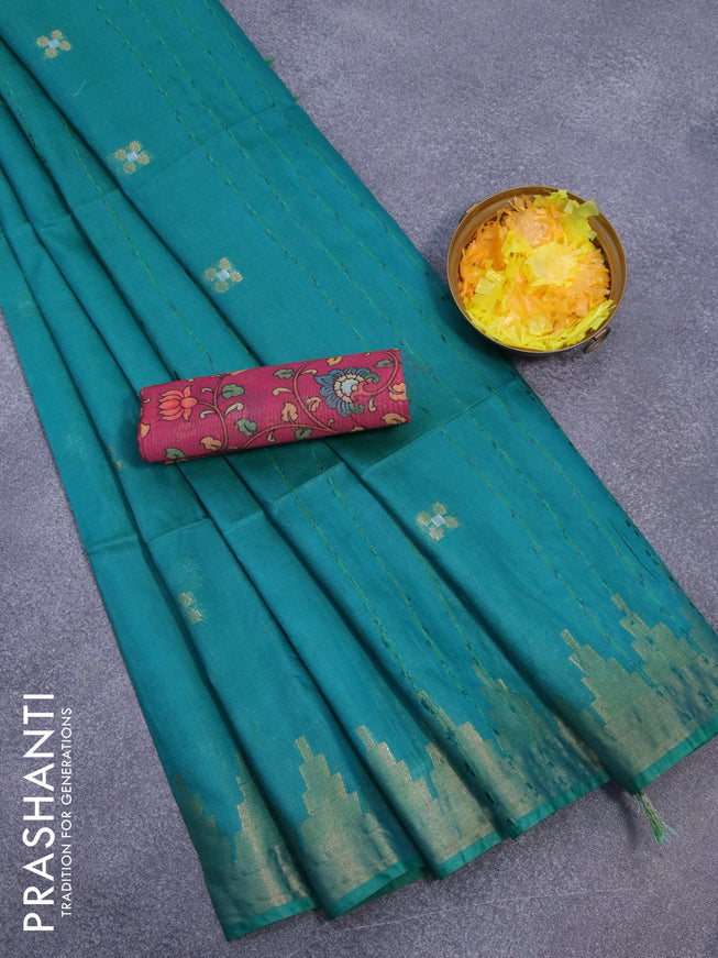 Semi tussar saree teal green and maroon shade with silver & zari woven buttas and temple design zari woven border & kalamkari printed blouse