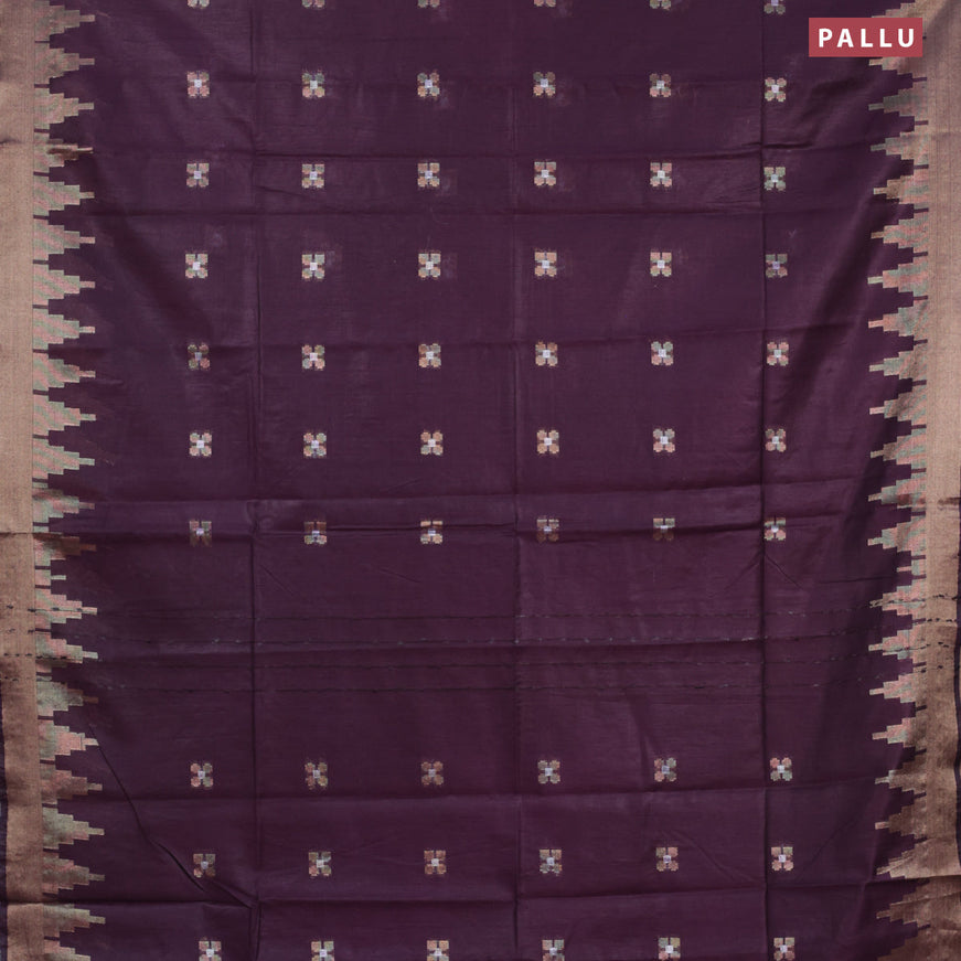 Semi tussar saree wine shade and cs blue with silver & zari woven buttas and temple design zari woven border & kalamkari printed blouse