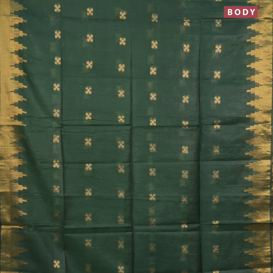 Semi tussar saree green and mustard yellow with silver & zari woven buttas and temple design zari woven border & kalamkari printed blouse