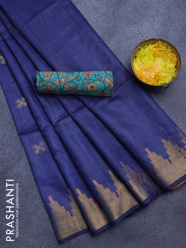 Semi tussar saree navy blue and teal green with silver & zari woven buttas and temple design zari woven border & kalamkari printed blouse
