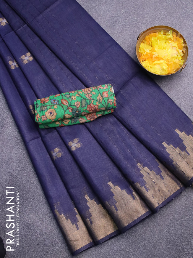 Semi tussar saree navy blue and green with silver & zari woven buttas and temple design zari woven border & kalamkari printed blouse