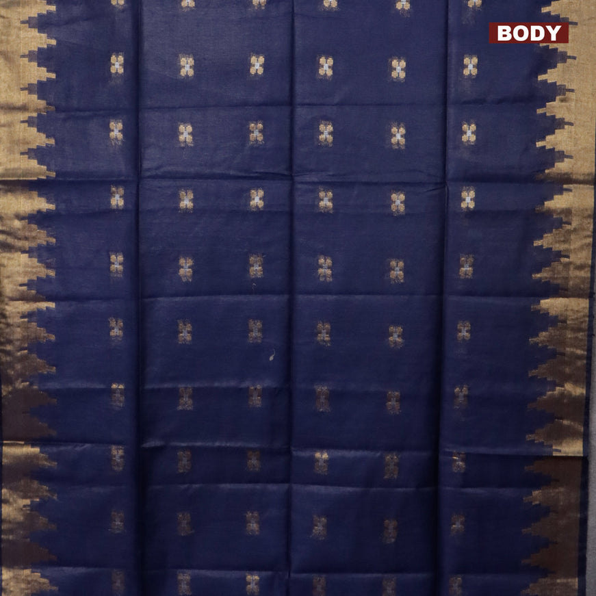 Semi tussar saree navy blue and green with silver & zari woven buttas and temple design zari woven border & kalamkari printed blouse