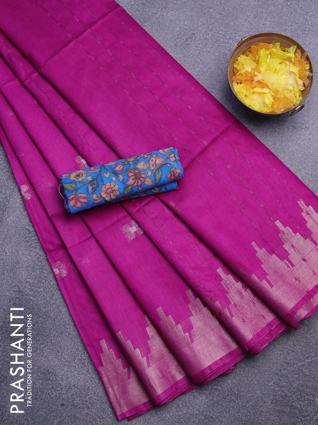 Semi tussar saree magenta pink and blue with silver & zari woven buttas and temple design zari woven border & kalamkari printed blouse
