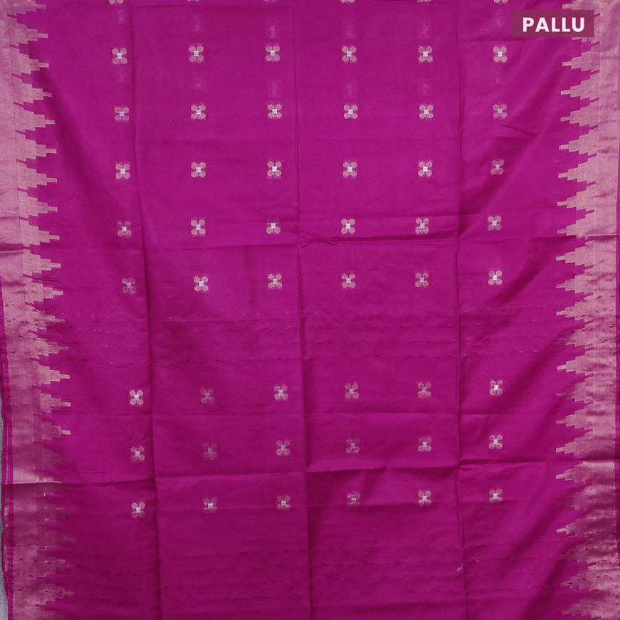 Semi tussar saree magenta pink and blue with silver & zari woven buttas and temple design zari woven border & kalamkari printed blouse