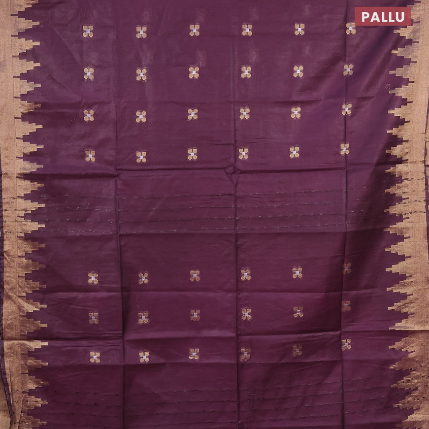 Semi tussar saree wine shade and green with silver & zari woven buttas and temple design zari woven border & kalamkari printed blouse