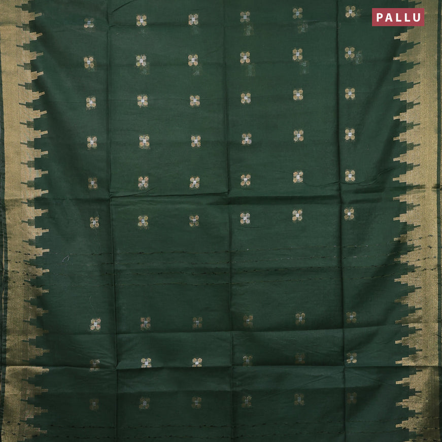 Semi tussar saree green and cs blue with silver & zari woven buttas and temple design zari woven border & kalamkari printed blouse