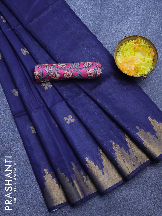 Semi tussar saree navy blue and pink with silver & zari woven buttas and temple design zari woven border & kalamkari printed blouse
