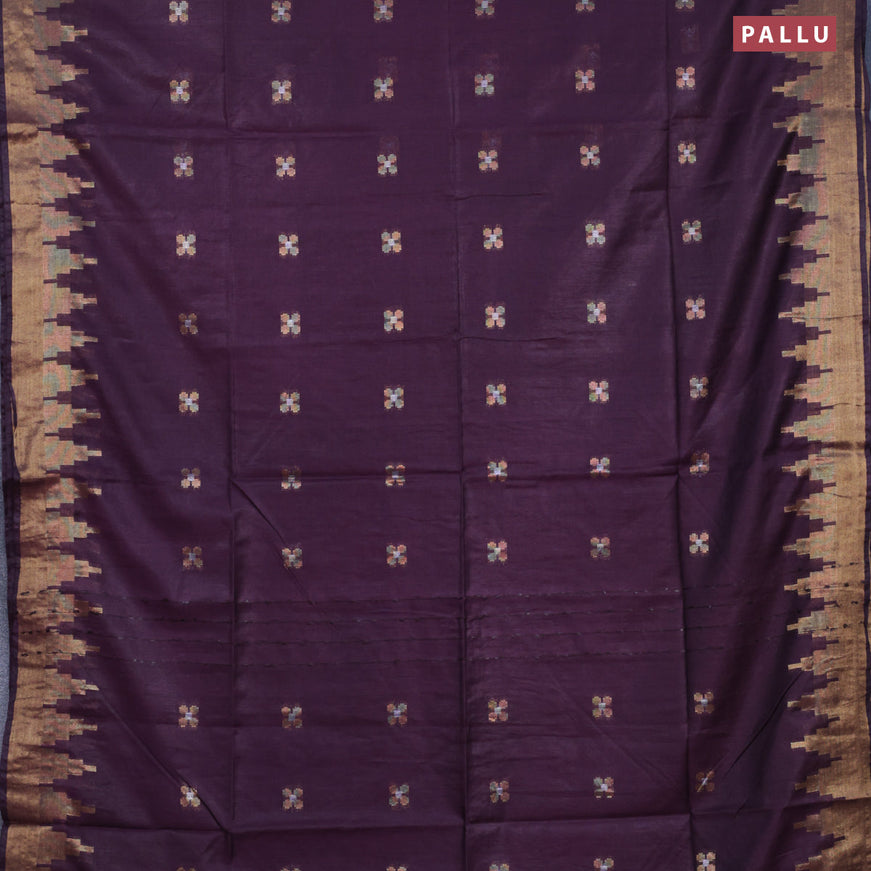 Semi tussar saree wine shade and mustard yellow with silver & zari woven buttas and temple design zari woven border & kalamkari printed blouse