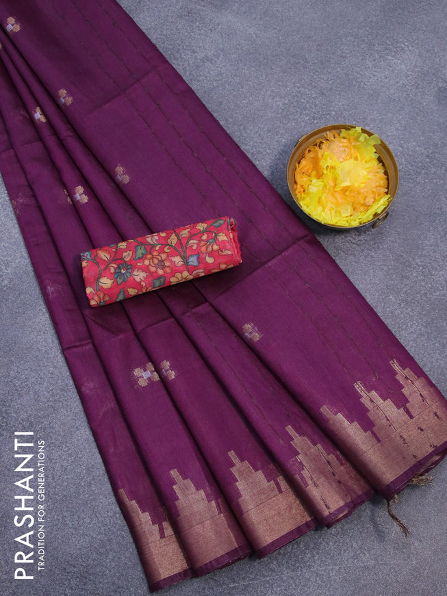 Semi tussar saree purple and red with silver & zari woven buttas and temple design zari woven border & kalamkari printed blouse
