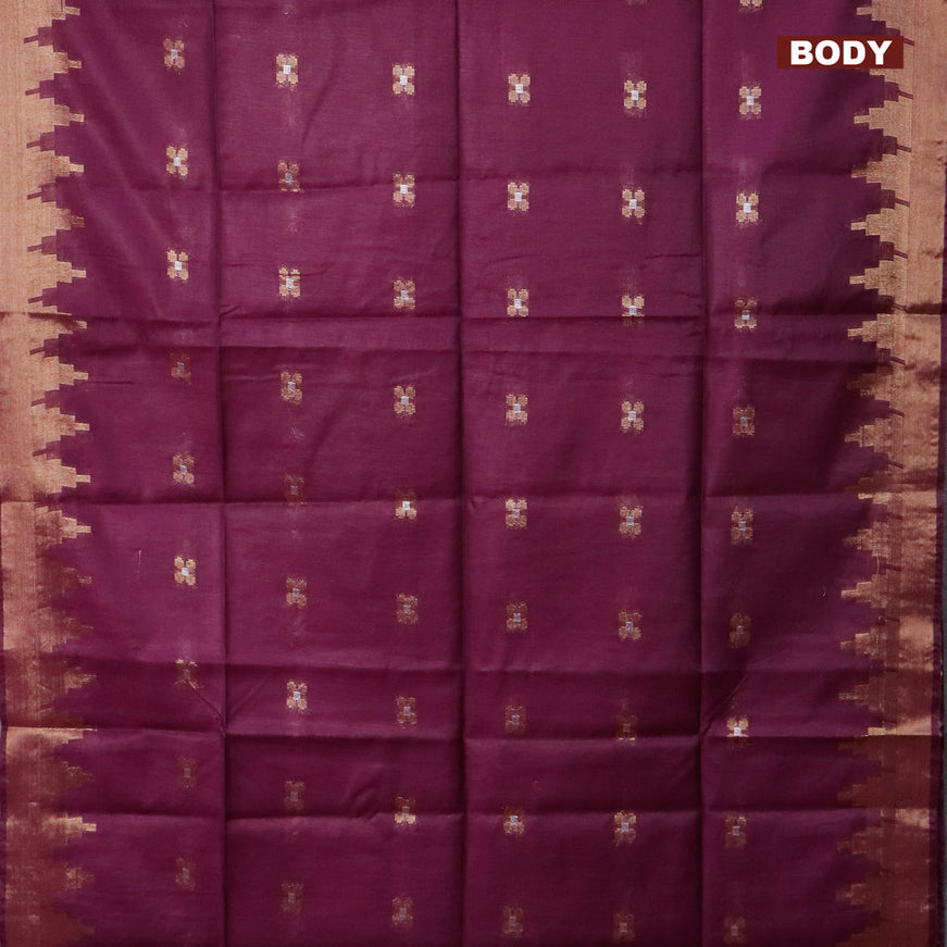 Semi tussar saree purple and red with silver & zari woven buttas and temple design zari woven border & kalamkari printed blouse