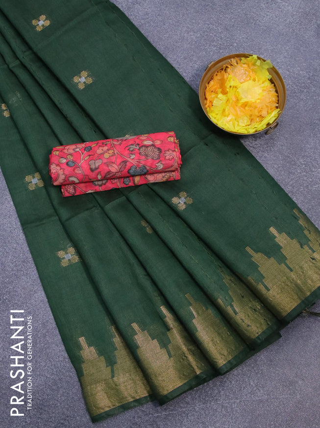 Semi tussar saree green and red with silver & zari woven buttas and temple design zari woven border & kalamkari printed blouse