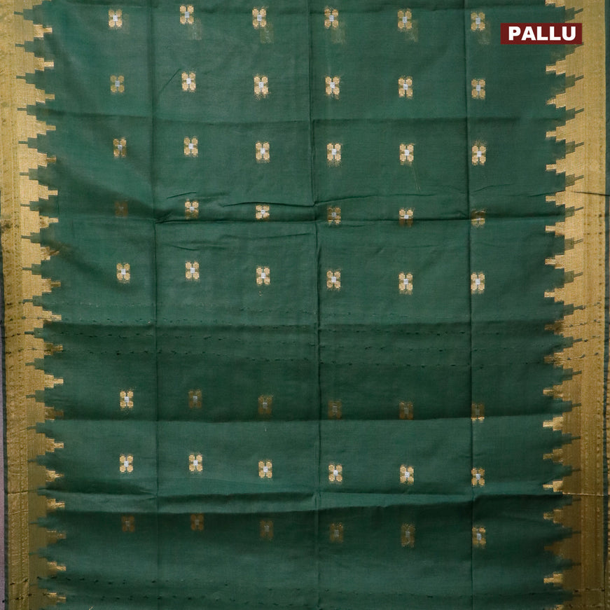 Semi tussar saree green and red with silver & zari woven buttas and temple design zari woven border & kalamkari printed blouse