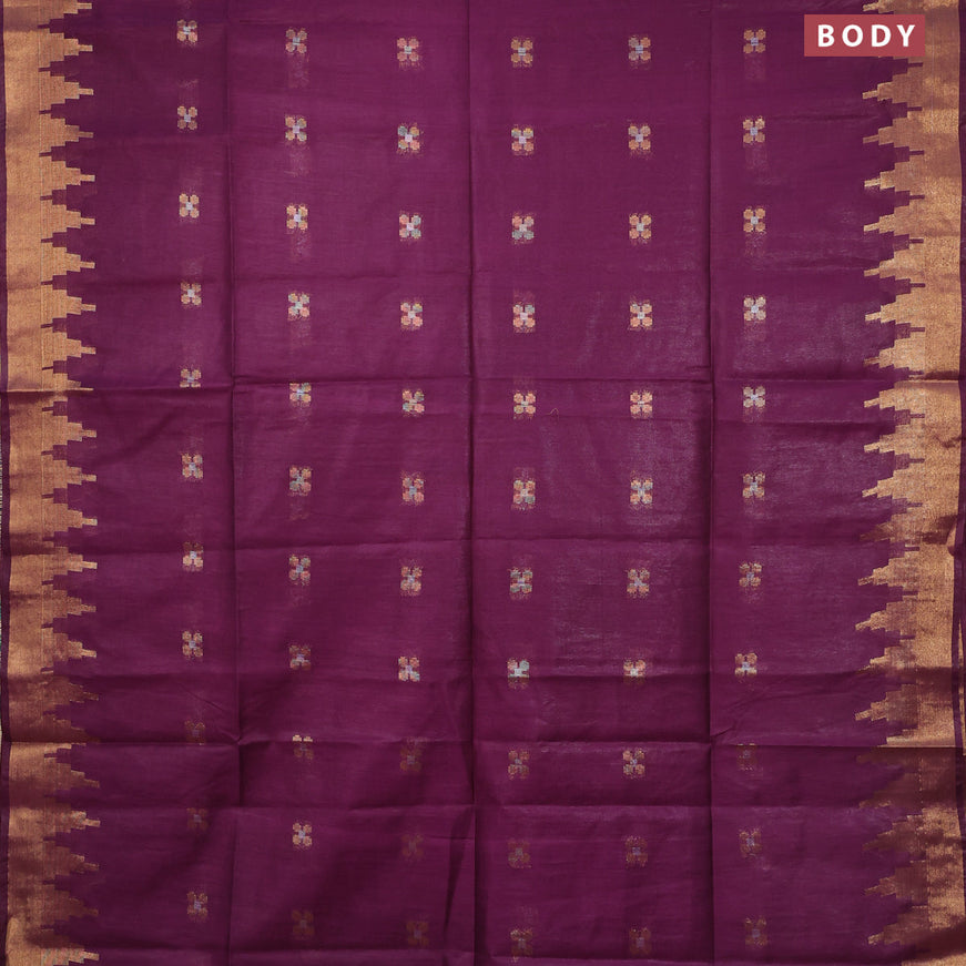Semi tussar saree purple and dark green with silver & zari woven buttas and temple design zari woven border & kalamkari printed blouse