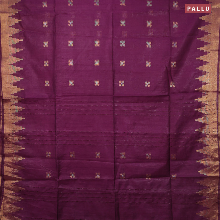 Semi tussar saree purple and dark green with silver & zari woven buttas and temple design zari woven border & kalamkari printed blouse