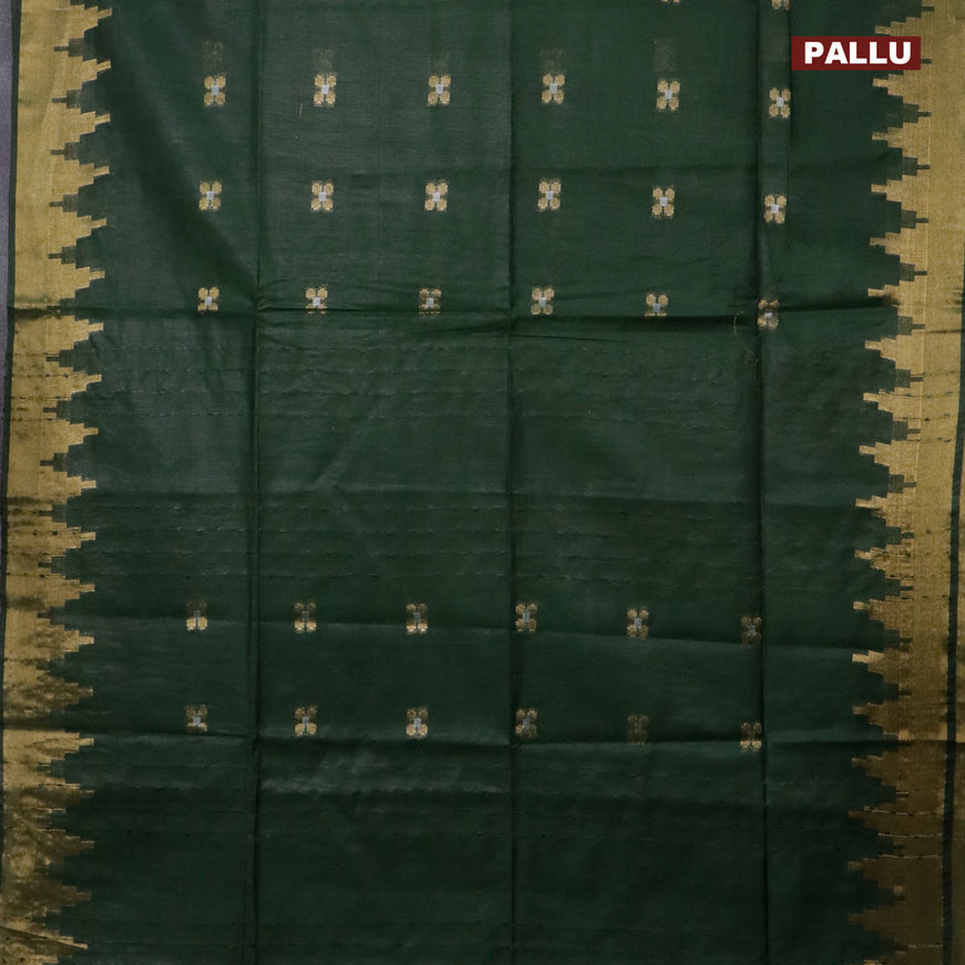 Semi tussar saree green and pink with silver & zari woven buttas and temple design zari woven border & kalamkari printed blouse