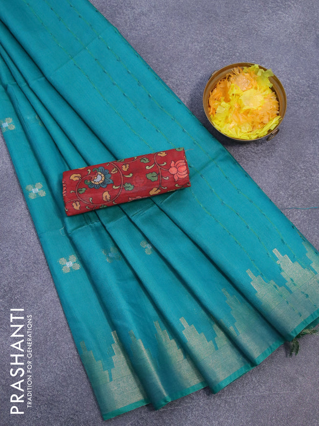 Semi tussar saree teal green and maroon with silver & zari woven buttas and temple design zari woven border & kalamkari printed blouse